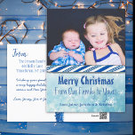 Personalisiertes Foto Blue Candy Cane Weihnachten<br><div class="desc">Fügen Sie einfach Ihre Kinder- oder Familienjunges Foto zu dieser niedlichen frohen Weihnachtspostkarte hinzu. Es ist eine süße und erschwingliche Art, Ihren Freunden und der Familie frohe Weihnachten zu sagen und sie mit einem Foto zu aktualisieren! Niedliche kleine Akzente auf der Rückseite der Postkarte wie ein Zuckerrohr-Stock, blaue Schneeflocken und...</div>