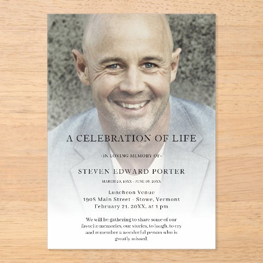 Personalisiertes Foto Feier zur Beerdigung des Leb Acryleinladungen (Vorderseite)