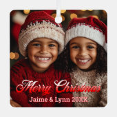 Personalisiertes Foto Frohe Weihnachtsnamen und Da Ornament Aus Metall (Vorderseite)