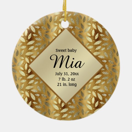 Personalisiertes Foto Gold Blätter Baby Geburtstag Keramikornament (Hinten)