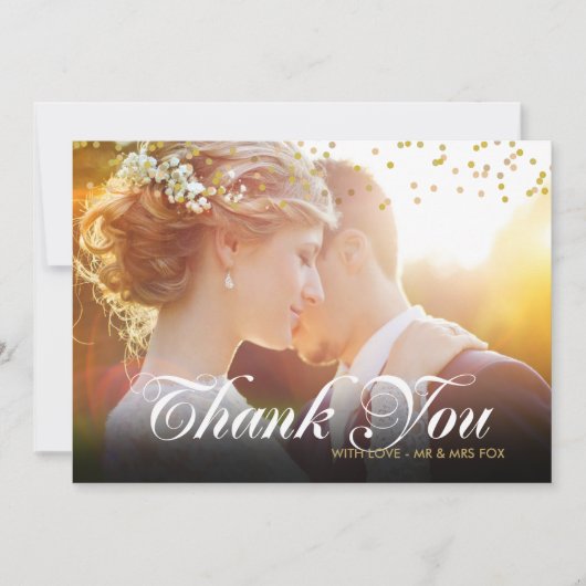 Personalisiertes Foto Gold Confetti Script Vielen Dankeskarte (Vorderseite)