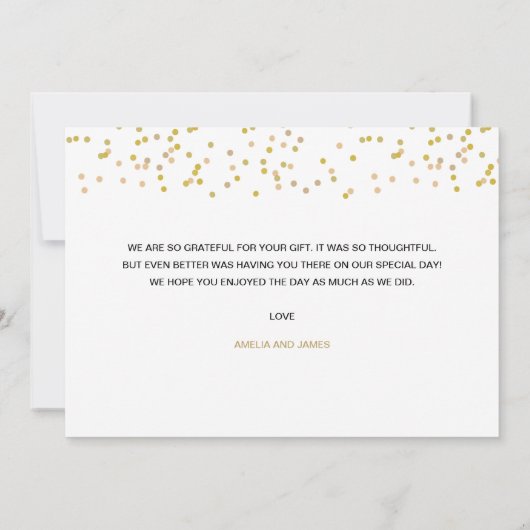 Personalisiertes Foto Gold Confetti Script Vielen Dankeskarte (Rückseite)