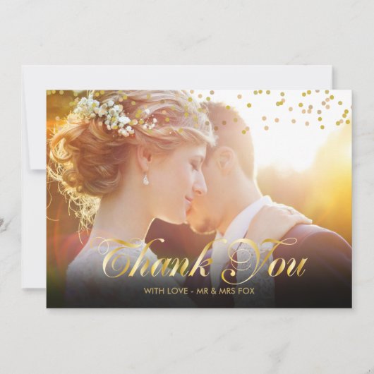 Personalisiertes Foto Gold Confetti Script Vielen Dankeskarte (Vorderseite)
