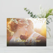 Personalisiertes Foto Gold Confetti Script Vielen Dankeskarte (Stehend Vorderseite)