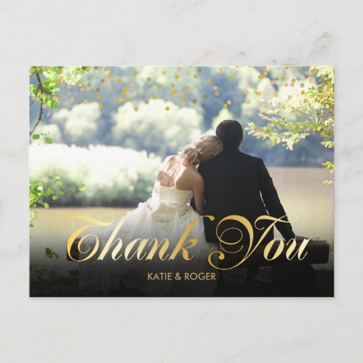 Personalisiertes Foto Gold Confetti Script Vielen Postkarte (Vorderseite)