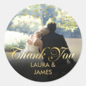 Personalisiertes Foto Gold Confetti Script Vielen Runder Aufkleber (Vorderseite)