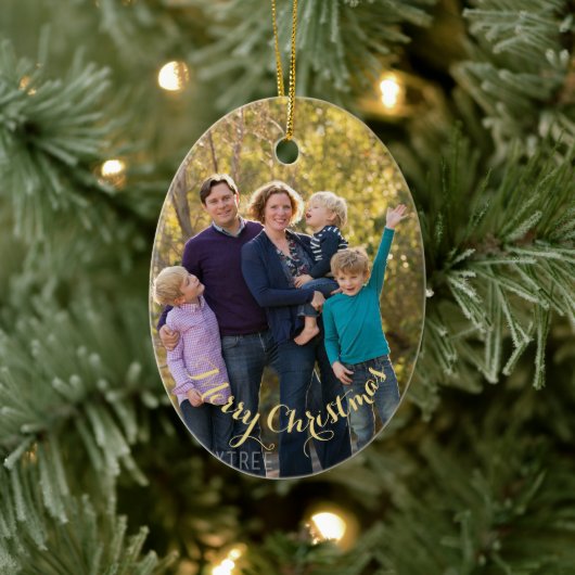 Personalisiertes Foto Gold Text Oval Keramik Ornament (Baum)
