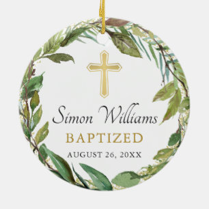 Personalisiertes Foto Goldgrün Kruste Taufe Keramik Ornament