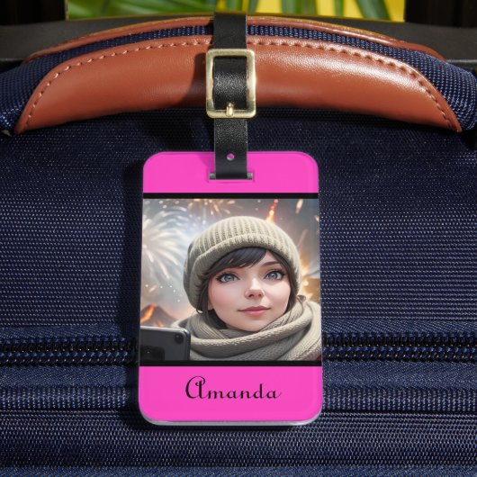 personalisiertes Foto heller Neonrosa Gepäckanhänger (Vorderseite Insitu 2)