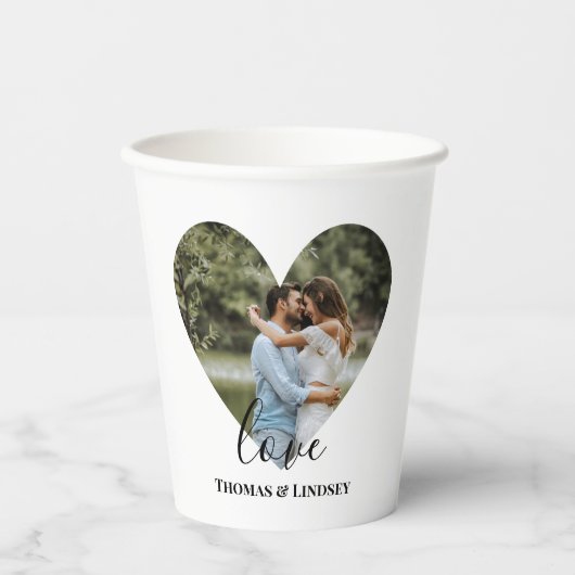 Personalisiertes Foto Herzrahmen Moderne Kalligrap Pappbecher (Vorderseite)