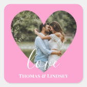 Personalisiertes Foto Herzrahmen Moderne Kalligrap Quadratischer Aufkleber (Vorderseite)