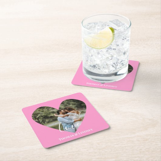 Personalisiertes Foto Herzrahmen Moderne Kalligrap Rechteckiger Pappuntersetzer (Vor Ort)