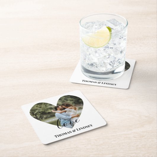 Personalisiertes Foto Herzrahmen Moderne Kalligrap Rechteckiger Pappuntersetzer (Vor Ort)