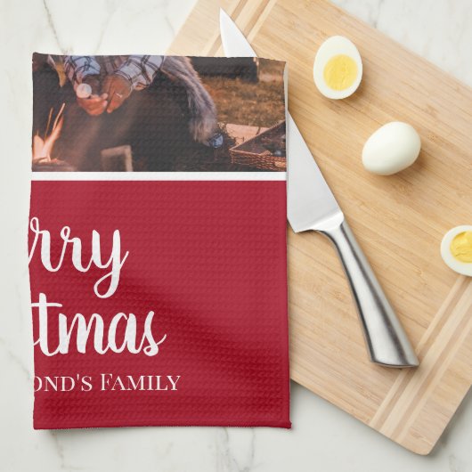 Personalisiertes Foto im Roten Rahmen Schneeflocke Geschirrtuch (Viertel Falte)