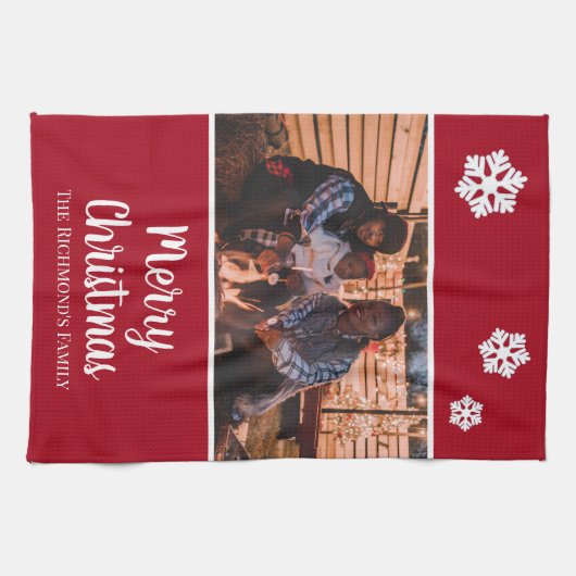 Personalisiertes Foto im Roten Rahmen Schneeflocke Geschirrtuch (Horizontal)