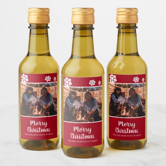 Personalisiertes Foto im Roten Rahmen Schneeflocke Weinetikett (Flaschen)