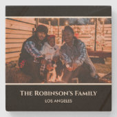 Personalisiertes Foto in Schwarz-Rahmen mit Texten Steinuntersetzer (Vorderseite)