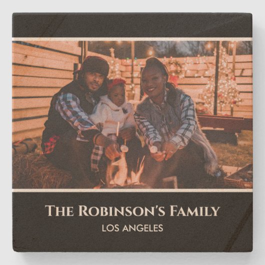 Personalisiertes Foto in Schwarz-Rahmen mit Texten Steinuntersetzer (Vorderseite)