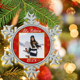 Personalisiertes Foto Keepake Red Schneeflocken Zinn-Ornament