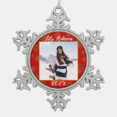 Personalisiertes Foto Keepake Red Schneeflocken Zinn-Ornament (Vorderseite)