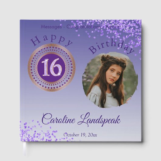 Personalisiertes Foto Lila Glitzer, 16. Geburtstag Gästebuch (Vorderseite)