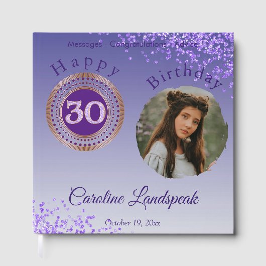 Personalisiertes Foto Lila Glitzer, 30. Geburtstag Gästebuch (Vorderseite)