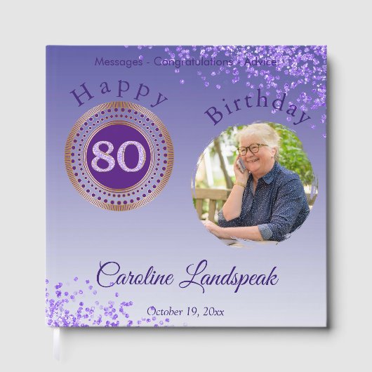 Personalisiertes Foto Lila Glitzer, 80. Geburtstag Gästebuch (Vorderseite)