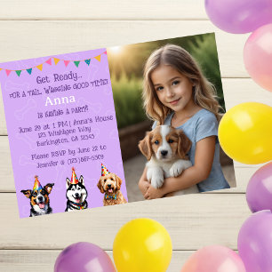Personalisiertes Foto Lila Welpe Geburtstag Paw ty Einladung