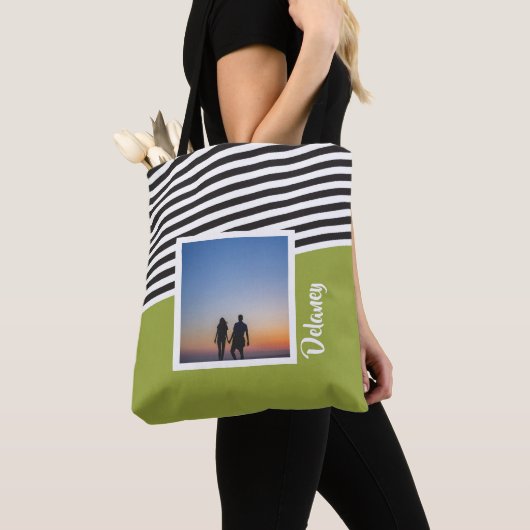 Personalisiertes Foto mit grün und Streifen Tasche (Von Nahem)
