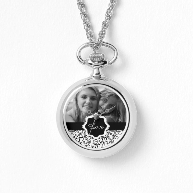 Personalisiertes Foto mit Herz-Liebe Doodle-Muster Armbanduhr (Vorderseite)