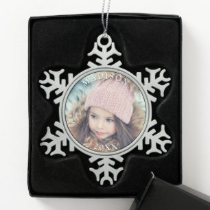 Personalisiertes Foto mit Namen Weihnachtsfeiertag Schneeflocken Zinn-Ornament