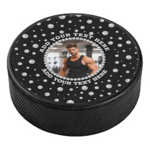 Personalisiertes Foto mit Perlenkreis auf Schwarz Eishockey Puck