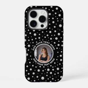Personalisiertes Foto mit Perlenkreis auf Schwarz iPhone 16 Pro Hülle