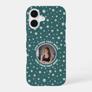 Personalisiertes Foto mit Perlenkreis auf Türkis iPhone 16 Hülle