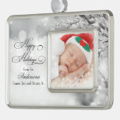 Personalisiertes Foto mit Winterschnee Rahmen-Ornament Silber (Links)