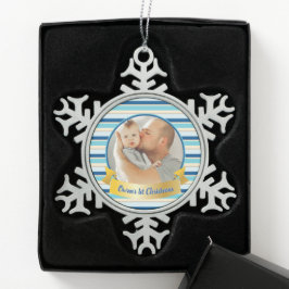 Personalisiertes Foto Moderner Streifen Aquamarin  Schneeflocken Zinn-Ornament
