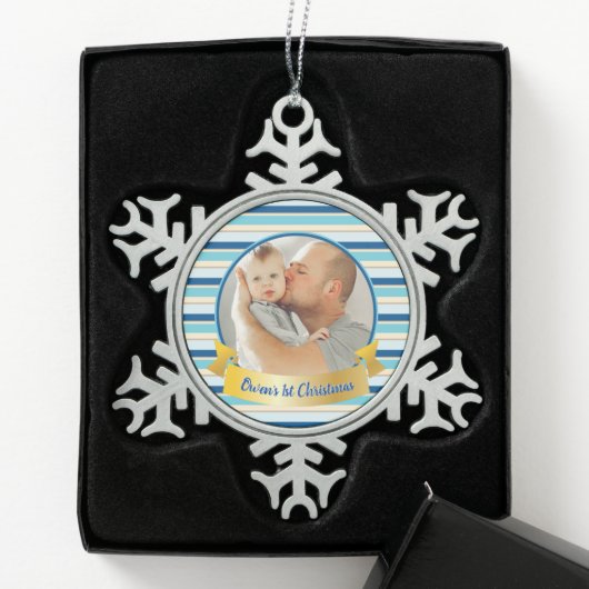 Personalisiertes Foto Moderner Streifen Aquamarin Schneeflocken Zinn-Ornament (Box)