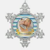 Personalisiertes Foto Moderner Streifen Aquamarin Schneeflocken Zinn-Ornament (Vorderseite)