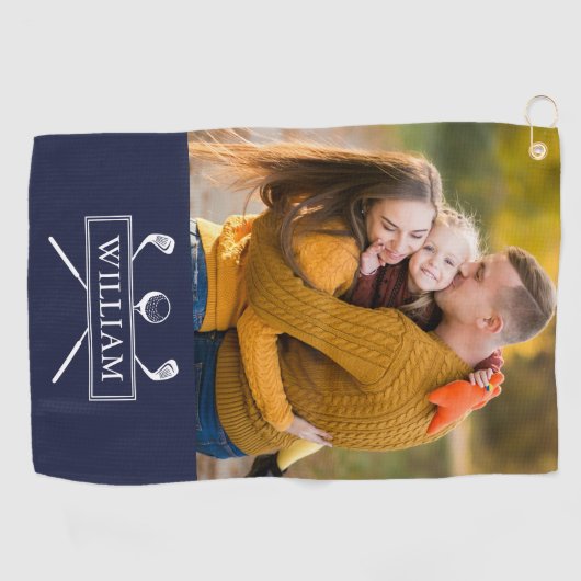 Personalisiertes Foto Name Navy Blue Golf Clubs Ba Golfhandtuch (Horizontal)