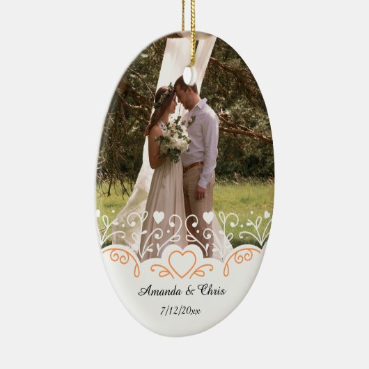 Personalisiertes Foto, Name und Datum der Hochzeit Keramik Ornament (Rechts)