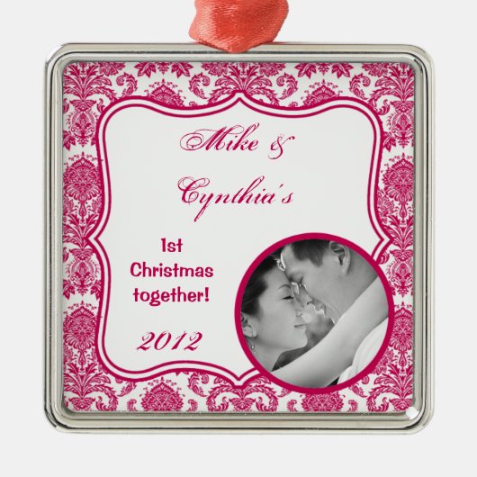 Personalisiertes Foto Ornament Fusia White Damask (Vorne)