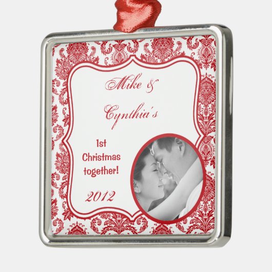 Personalisiertes Foto Ornament Rot Weiße Damaskals (Links)