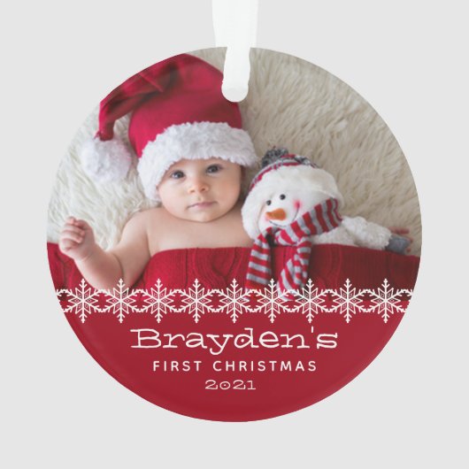 Personalisiertes Foto Red White Babys Erste Weihna Ornament (Rückseite)