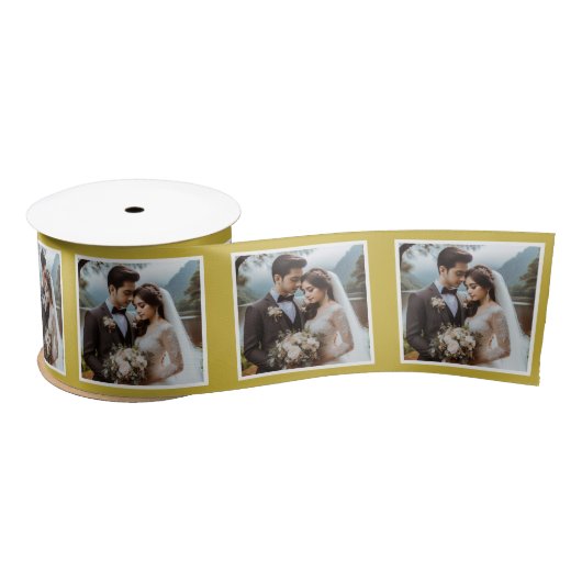 Personalisiertes Foto Ribbon White Old Gold Hochze Satinband (Spule)