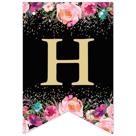 Personalisiertes Foto Rosa Blütenschwarz Geburtsta Wimpelkette (Zweite Fahne)