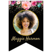 Personalisiertes Foto Rosa Blütenschwarz Geburtsta Wimpelkette (Erste Fahne)