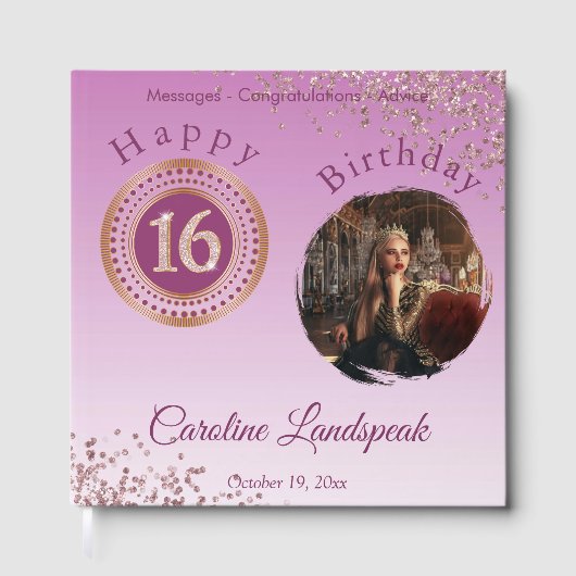 Personalisiertes Foto Rose Gold Glitzer 16. Geburt Gästebuch (Vorderseite)