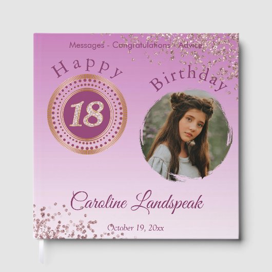 Personalisiertes Foto Rose Gold Glitzer 18. Geburt Gästebuch (Vorderseite)