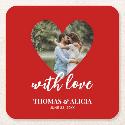 Personalisiertes Foto Rotes Herz Rahmen Moderne Ho Rechteckiger Pappuntersetzer (Vorderseite)