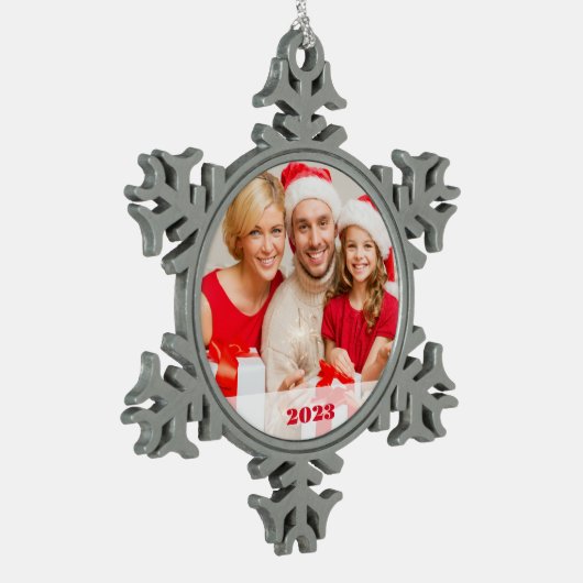 Personalisiertes Foto Schneeflocke Gerahmte Orname Schneeflocken Zinn-Ornament (Links)